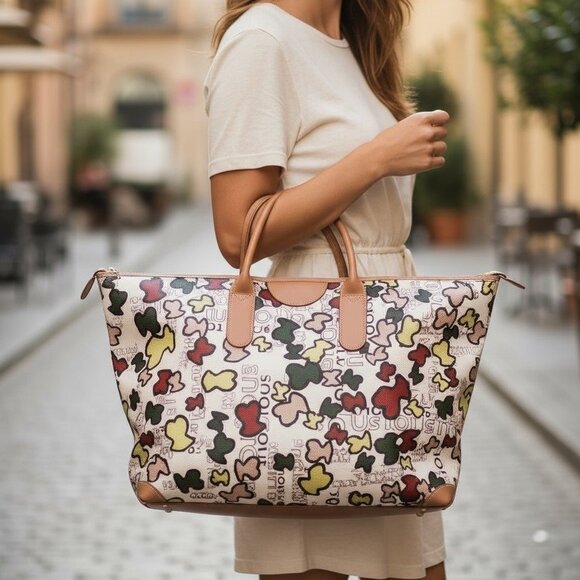 Womens Multicolor Print Tote Bag with Tan Leather Handles & Accents - Picture 1 of 16